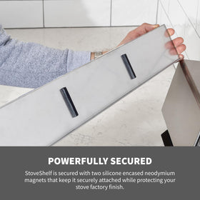 STOVE SHELF keeps spices within reach while cooking.