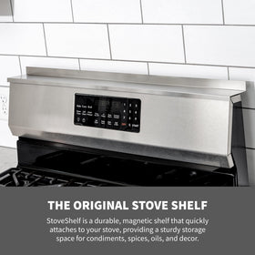STOVE SHELF stainless steel finish enhances stove-area organization.