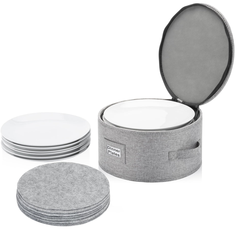 STOZU china storage container with twelve plates protects dinnerware during moves.