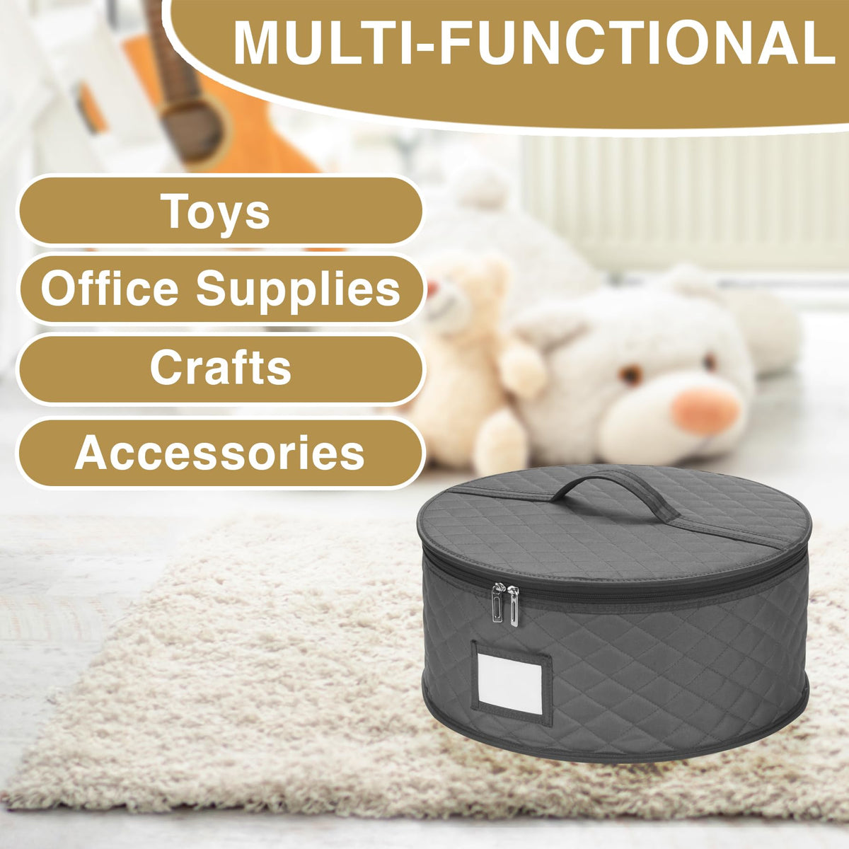 STOZU versatile round cases store bakeware, bowls, mugs.