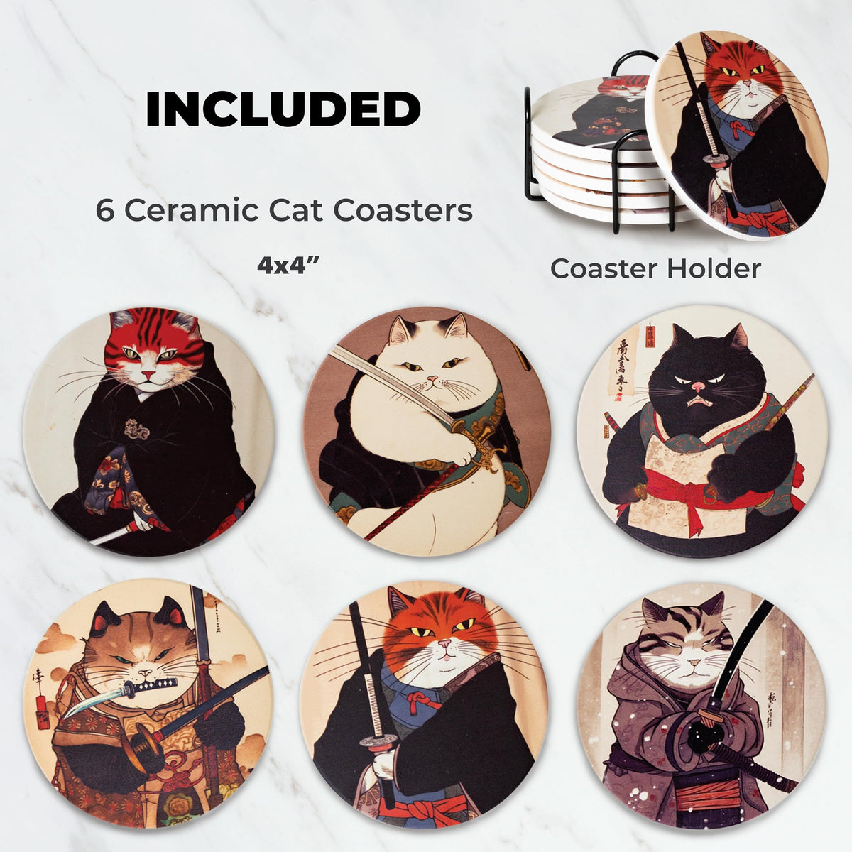 Straight Coastin Ninja Cat Coaster Holder keeps coasters neatly organized on your desk.
