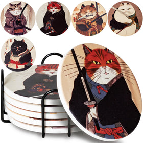 Straight Coastin Ninja Cat Coasters Set protects surfaces with playful ninja cat artwork.