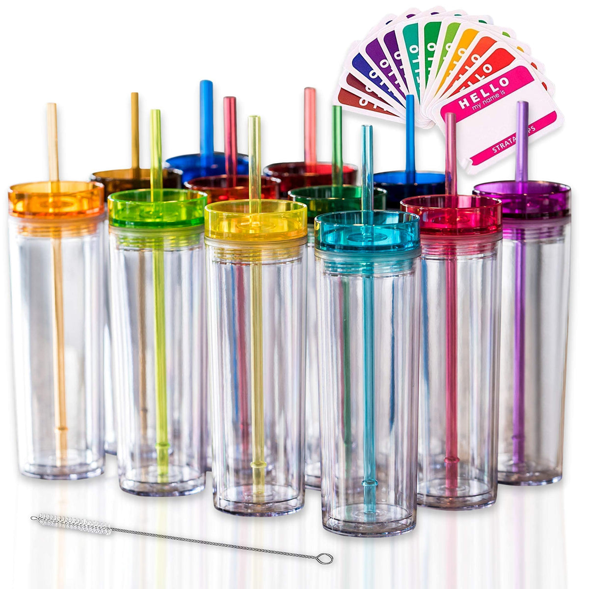 STRATA CUPS 12-colored skinny tumblers with lids and straws in vibrant colors for easy ID.
