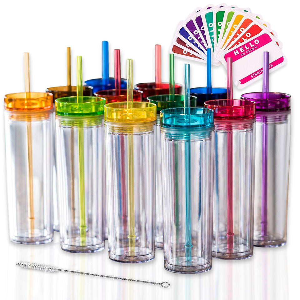 STRATA CUPS 12-colored skinny tumblers with lids and straws in vibrant colors for easy ID.