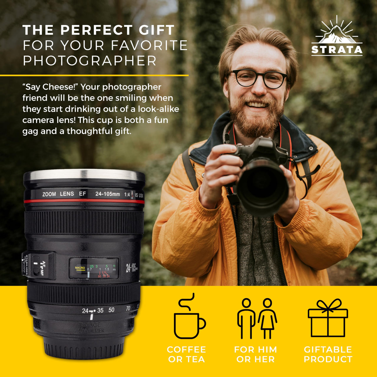Closed spill-proof lid on STRATA CUPS camera lens mug during transit
