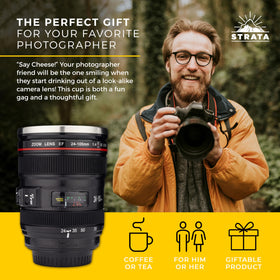 Closed spill-proof lid on STRATA CUPS camera lens mug during transit