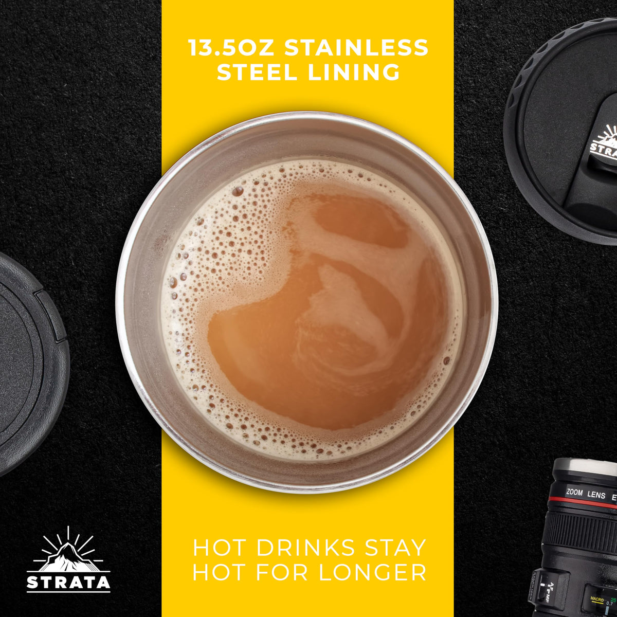 Retractable sip lid shown with camera lens mug for easy on-the-go sipping