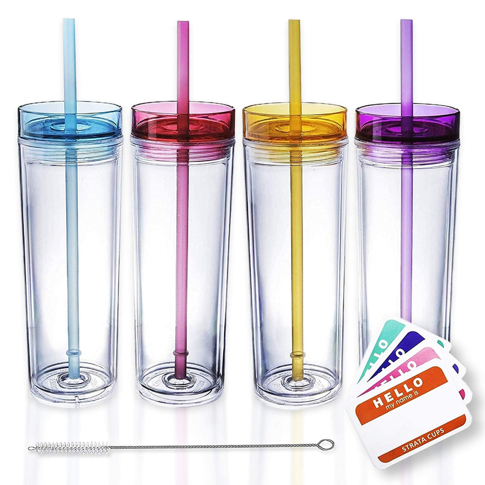 STRATA CUPS Skinny tumblers multicolor four-pack with lids for easy color-coded party drinks.
