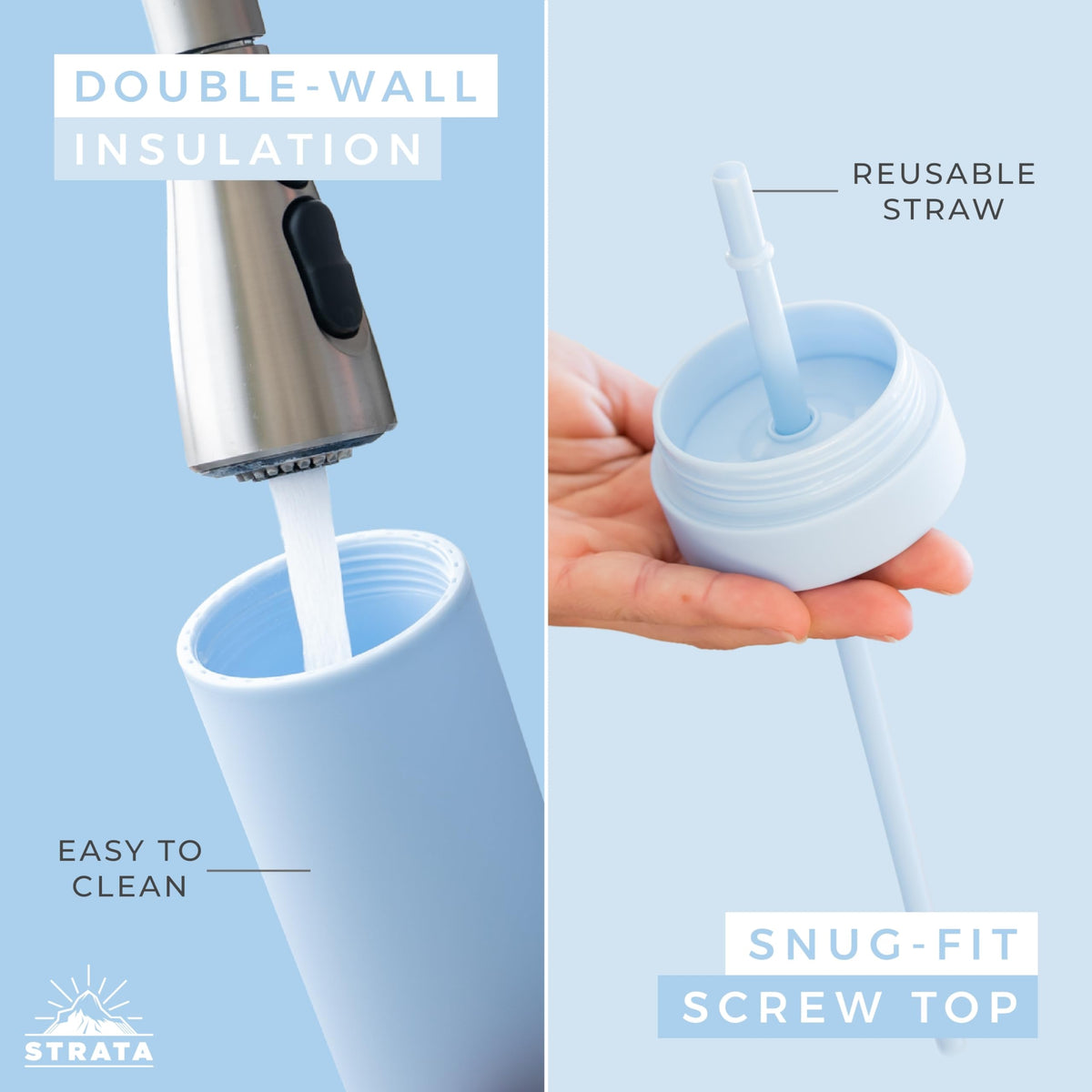 STRATA CUPS splash-proof lid reduces spills during travel.