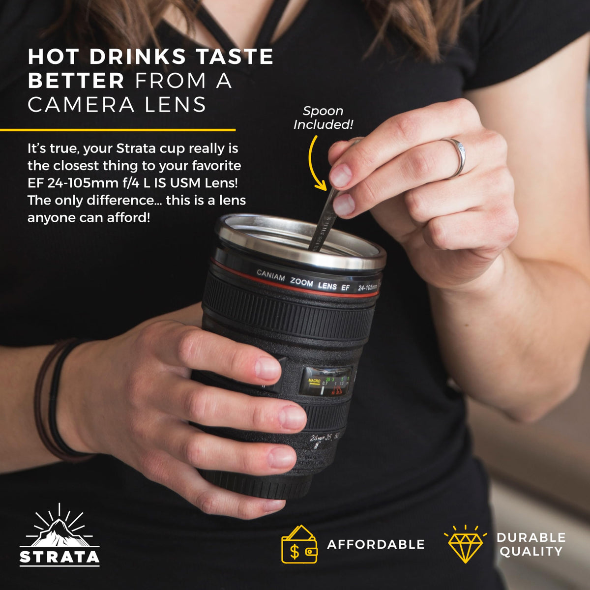 Insulated stainless-steel inner keeps drinks warm while staying cool to touch
