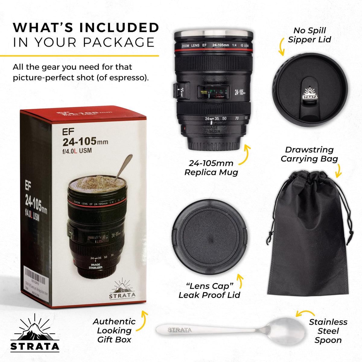 Two lids and spoon included with STRATA CUPS camera lens mug for secure travel