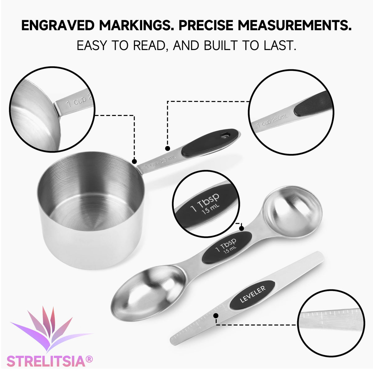 Strelitsia engraved measurements stay legible for precise recipes.