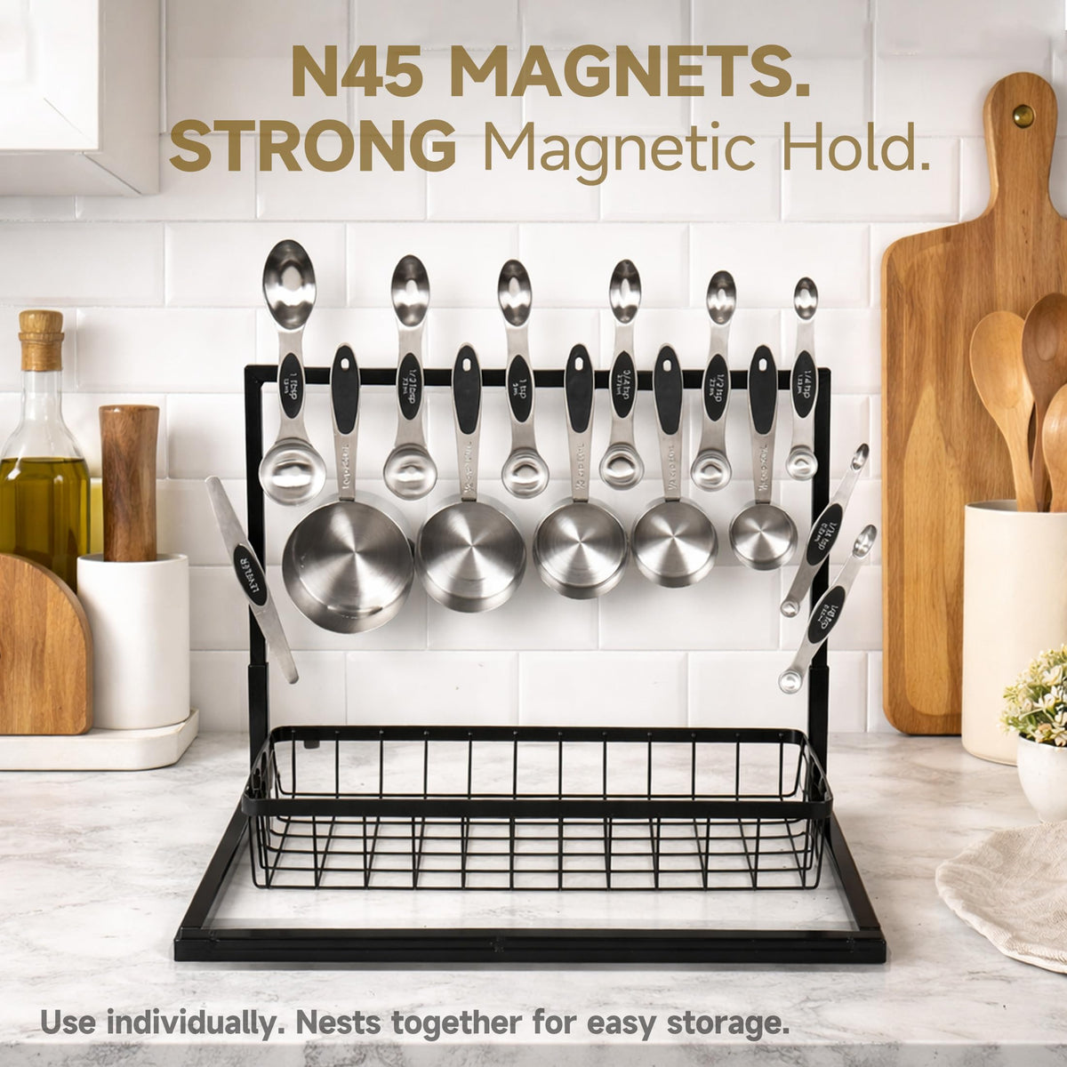 Strelitsia magnetic spoons stacked securely for fast, clutter-free prep.