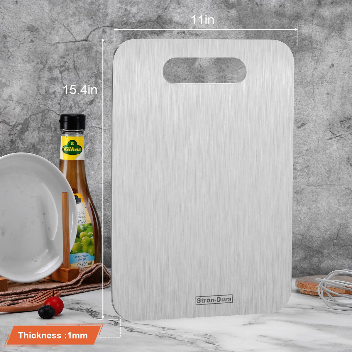 Stron-Dura double-sided stainless steel cutting board for versatile kitchen tasks