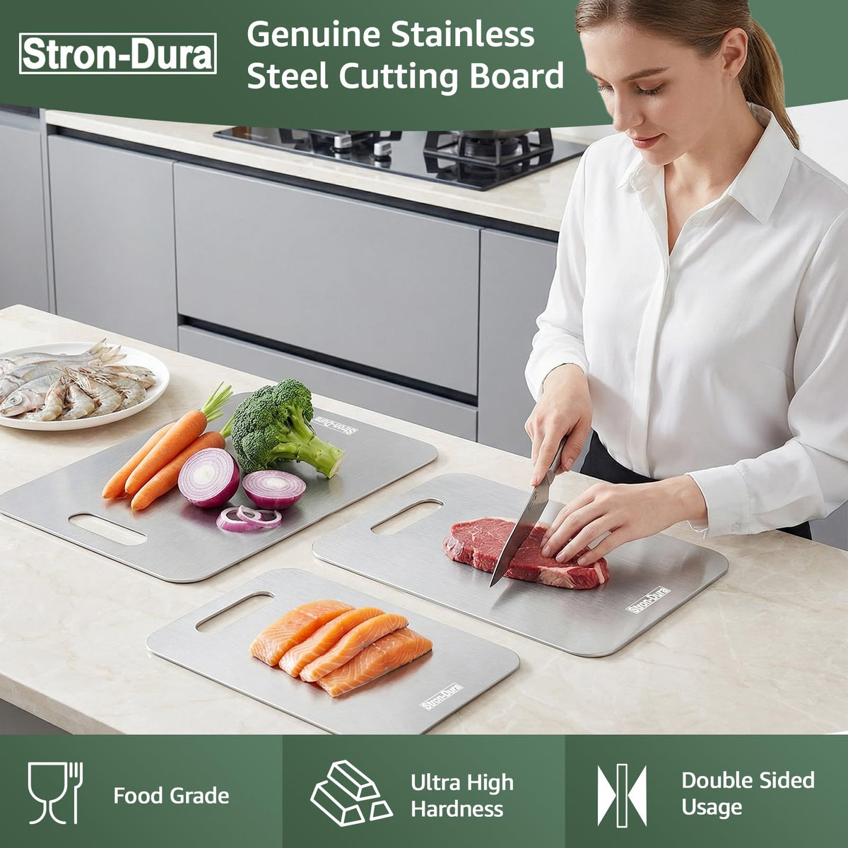 Stron-Dura cutting board on fish side for precise filleting prep