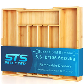 STS SELECTED bamboo expandable organizer in closed view shows sturdy build for durable storage.