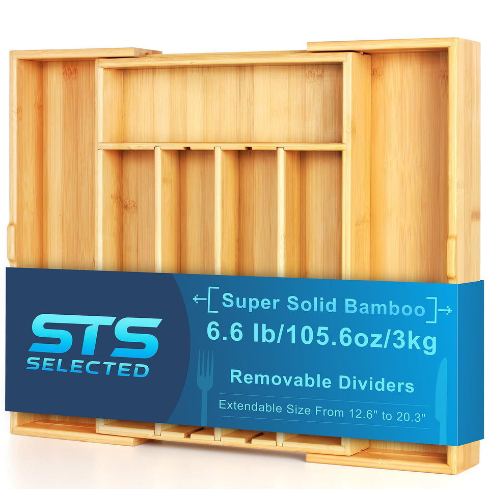 STS SELECTED bamboo expandable organizer in closed view shows sturdy build for durable storage.