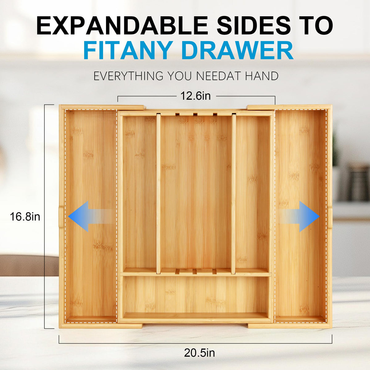STS SELECTED bamboo expandable organizer extended in a drawer illustrating versatile fit from 12.6 to 20.5 inches.