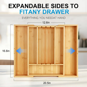 STS SELECTED bamboo expandable organizer extended in a drawer illustrating versatile fit from 12.6 to 20.5 inches.