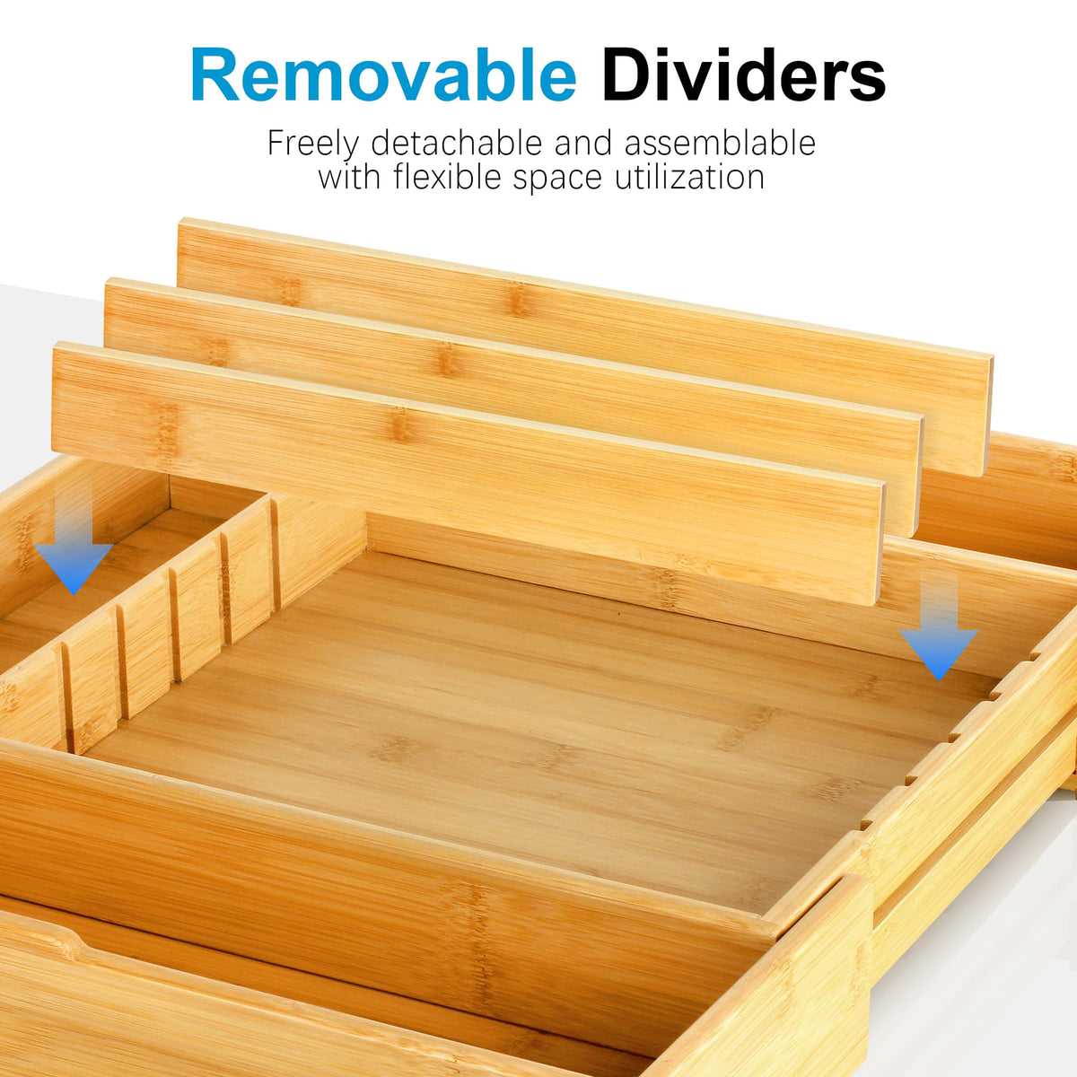 STS SELECTED bamboo organizer in use as a kitchen drawer for flatware and more.