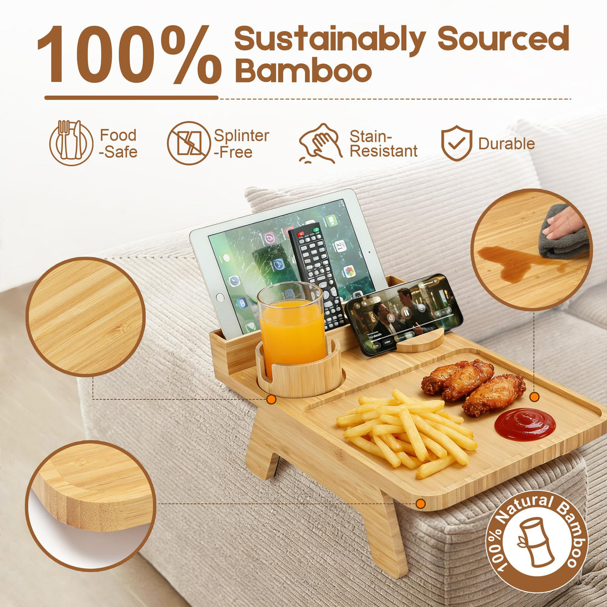 STS SELECTED bamboo armrest table featuring a slot for phones for hands-free viewing.