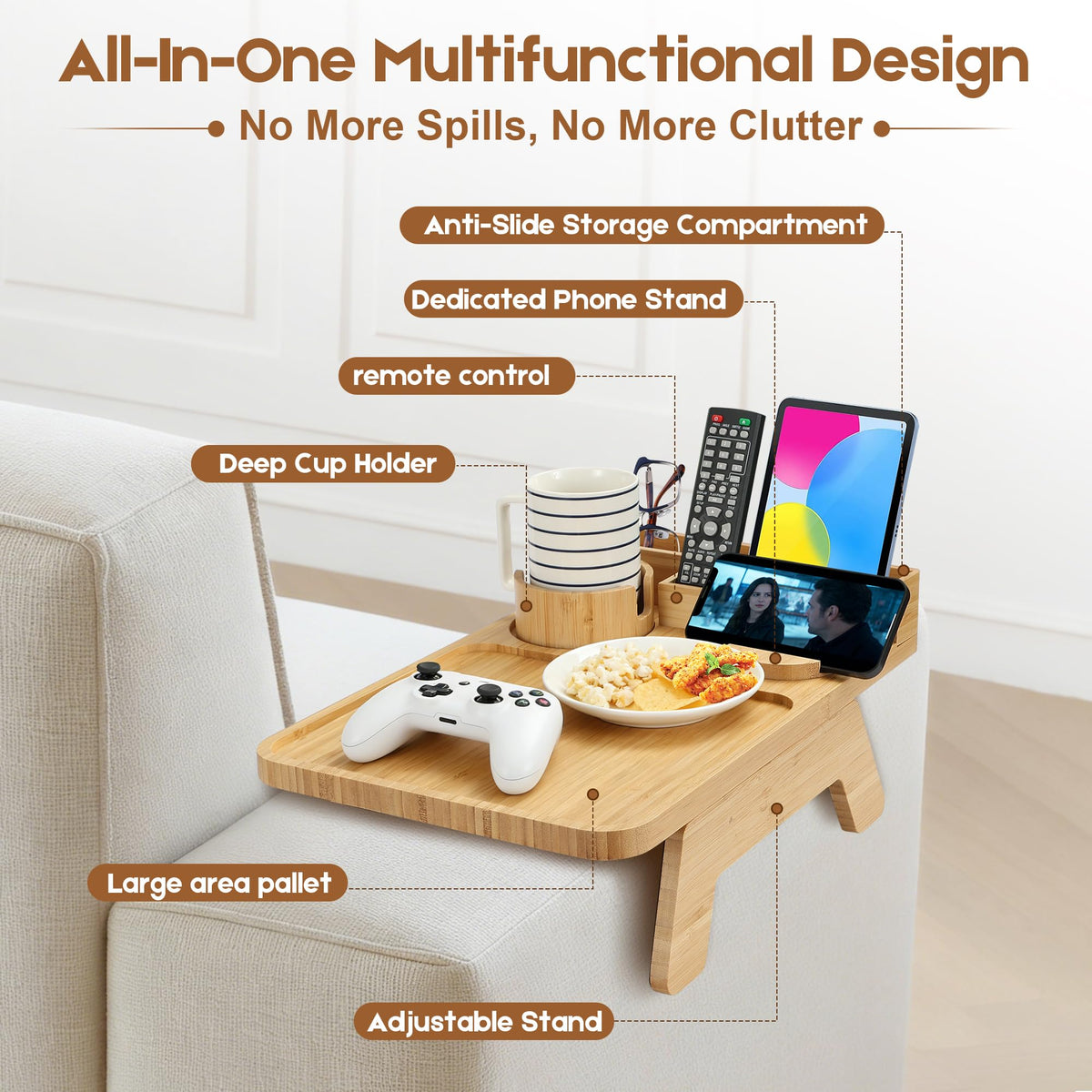 STS SELECTED arm tray includes a raised storage compartment for remotes and keys.