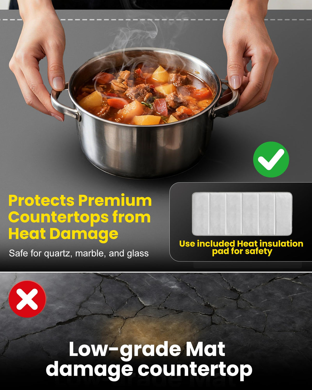 Sturdon insulation pad protects delicate countertops during buffet service.