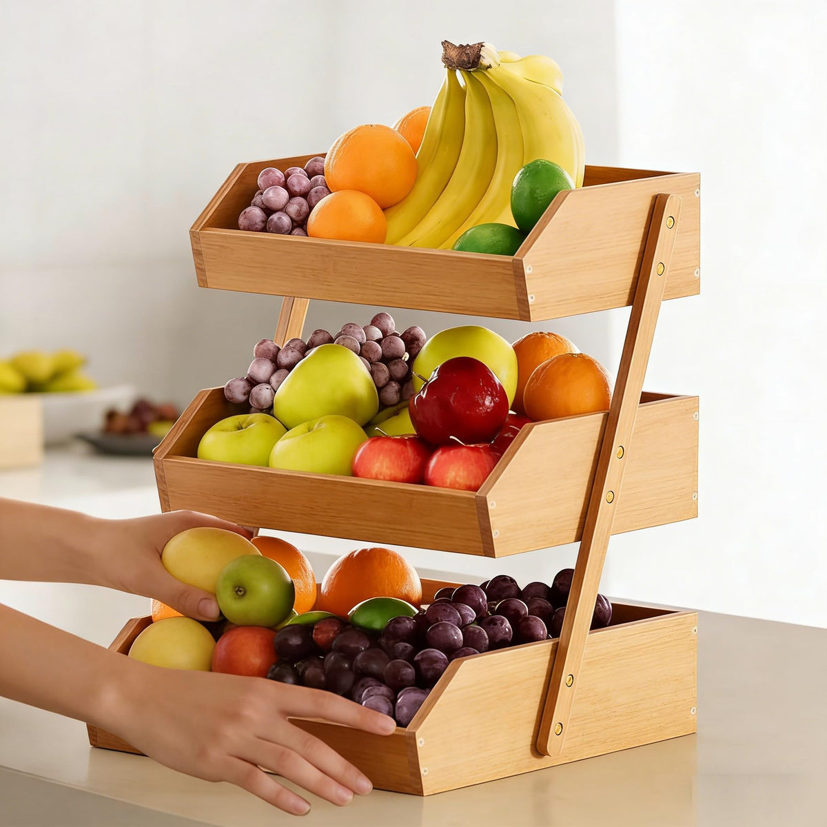 Sturdy bamboo construction supports snacks, bread, and everyday kitchen items.