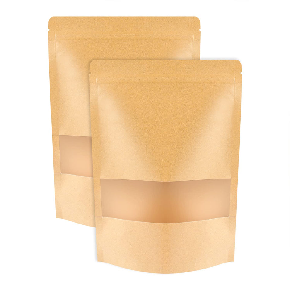 STUs kraft stand-up pouch with matte window for quick content viewing and selection.