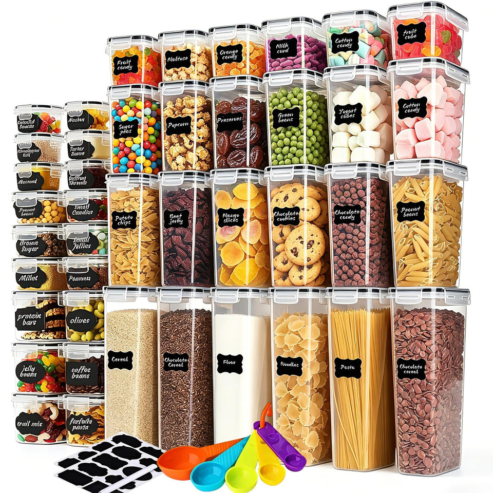 Stusgo airtight containers with clear bodies for quick cereal and flour checks.