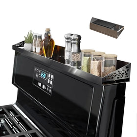 STUTOV 30-inch magnetic stove top shelf in black stainless steel securely holds spices and oils.