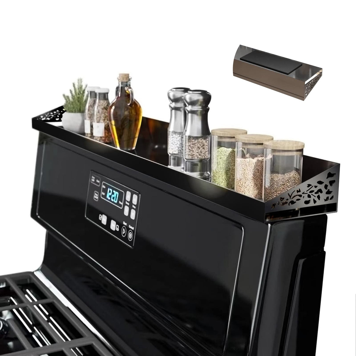 STUTOV 30-inch magnetic stove top shelf in black securely holds spices within reach.