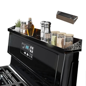 STUTOV 30-inch magnetic stove top shelf in black securely holds spices within reach.