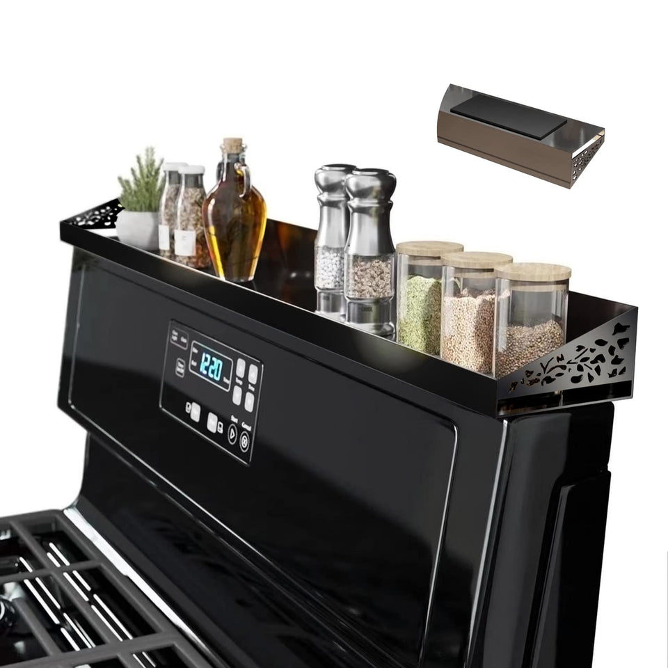 STUTOV 30-inch magnetic stove top shelf in black securely holds spices within reach.