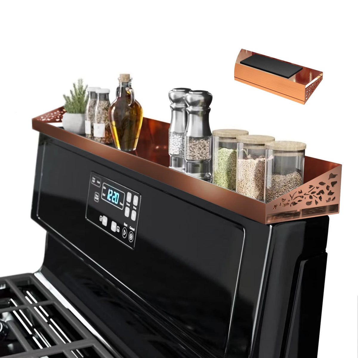STUTOV 30-inch magnetic stove top shelf in front view holding spices within easy reach