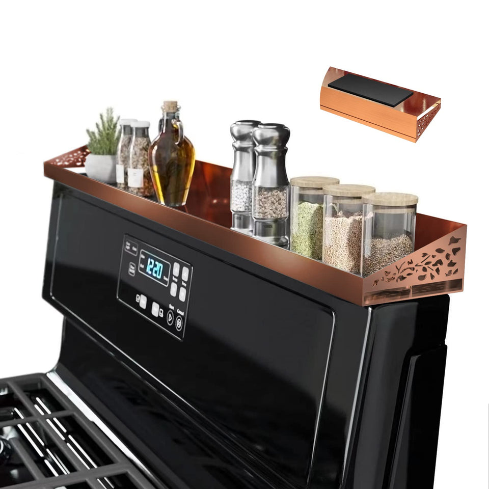 STUTOV 30-inch magnetic stove top shelf in front view holding spices within easy reach