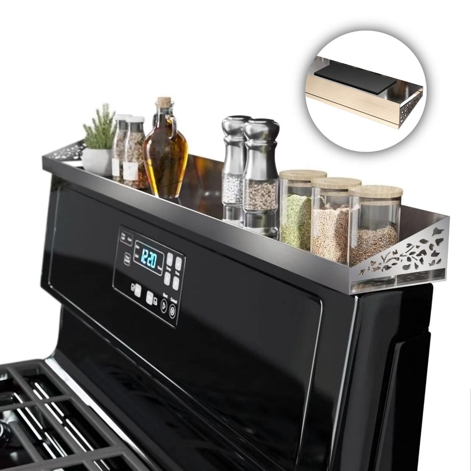STUTOV 30-inch magnetic stove top shelf keeps spices within easy reach during cooking.