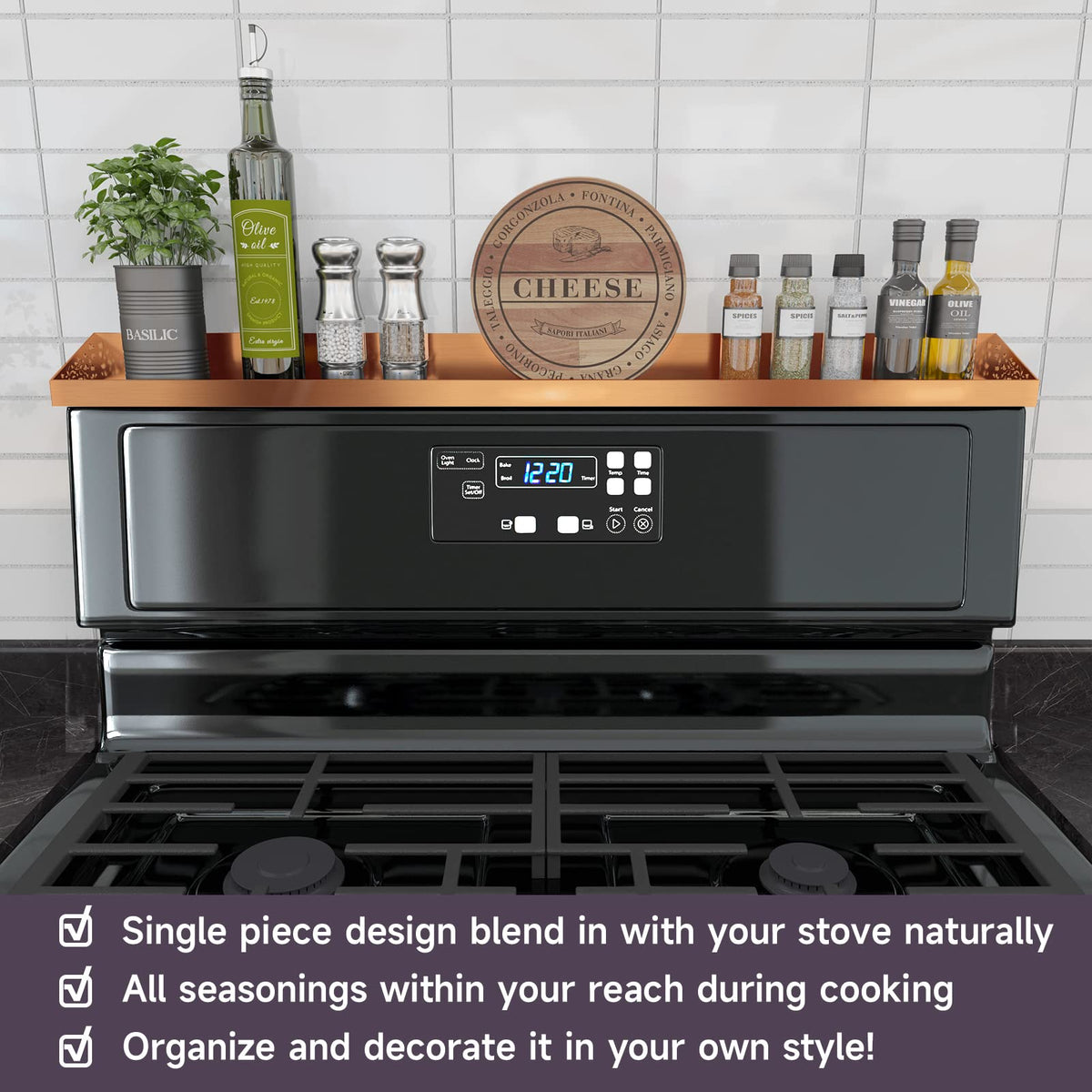 STUTOV brushed copper spice rack on stove back for organized cooking essentials