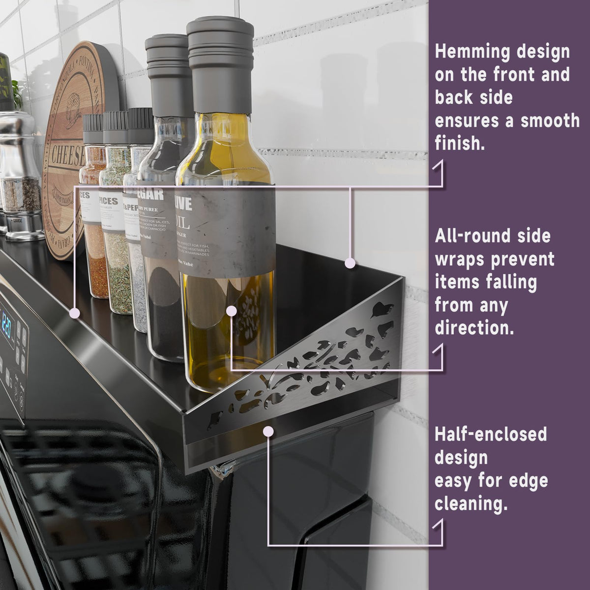 Stutov over-stove organizer shown with spices and oils for clutter-free counters.
