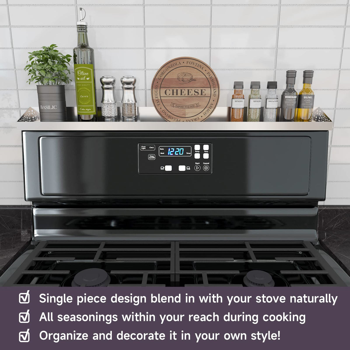 STUTOV spice rack on stove top neatly organizes bottles for quick access.
