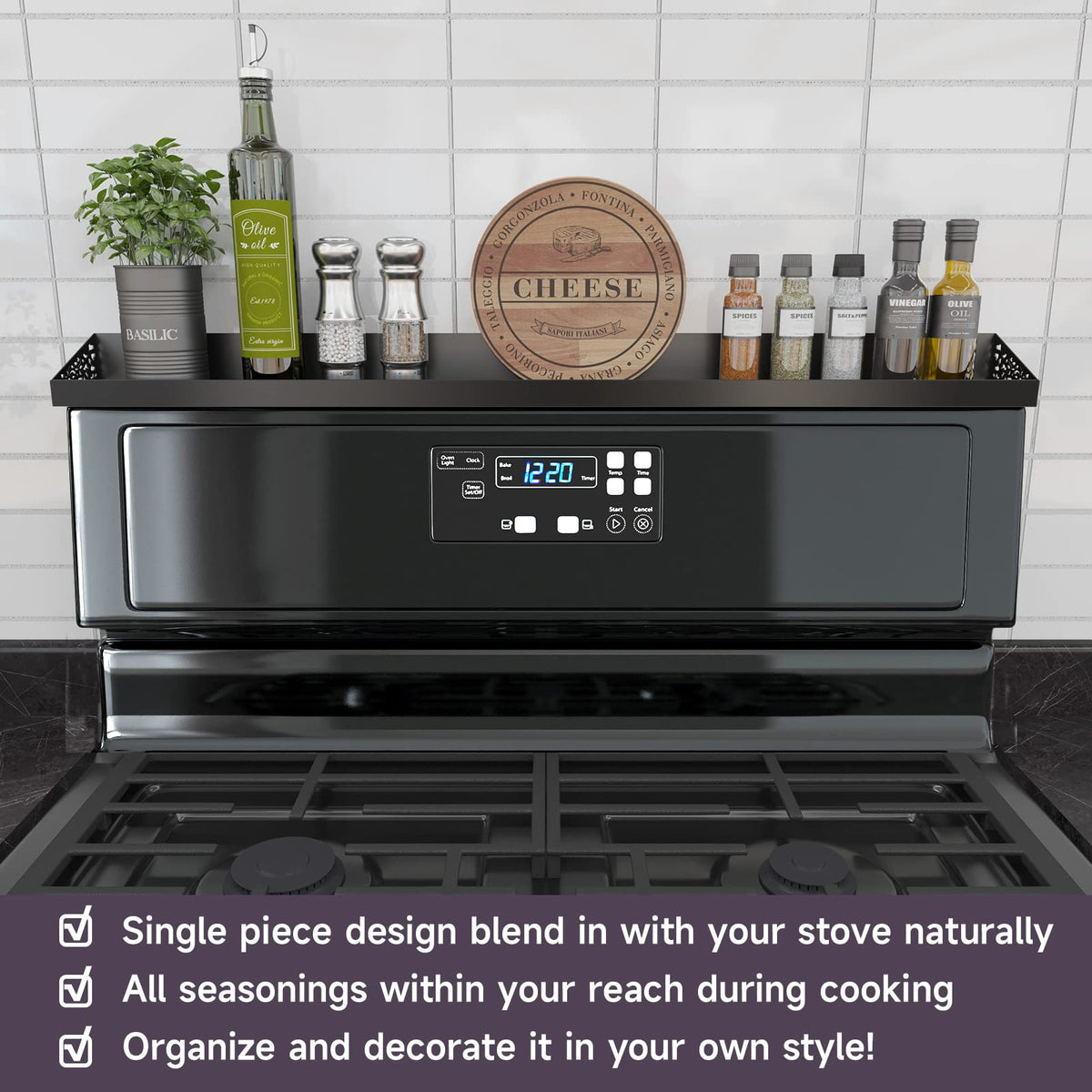 STUTOV spice rack on the back of the stove keeps condiments handy while cooking.