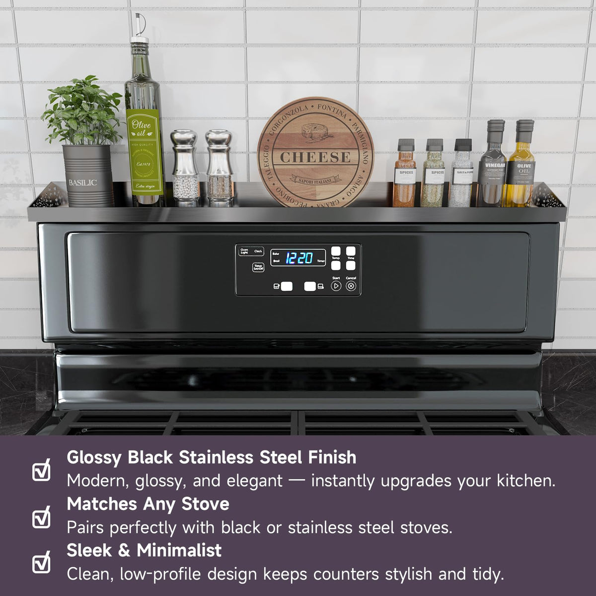 Stutov stove top spice rack on the surface for easy reach during cooking.