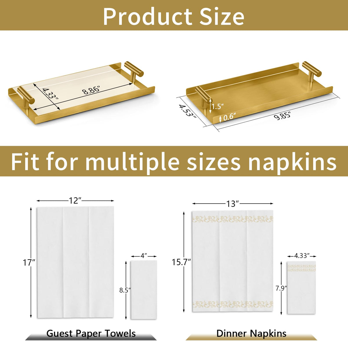 STWWO gold-topped bathroom tray adds vanity style and practicality.