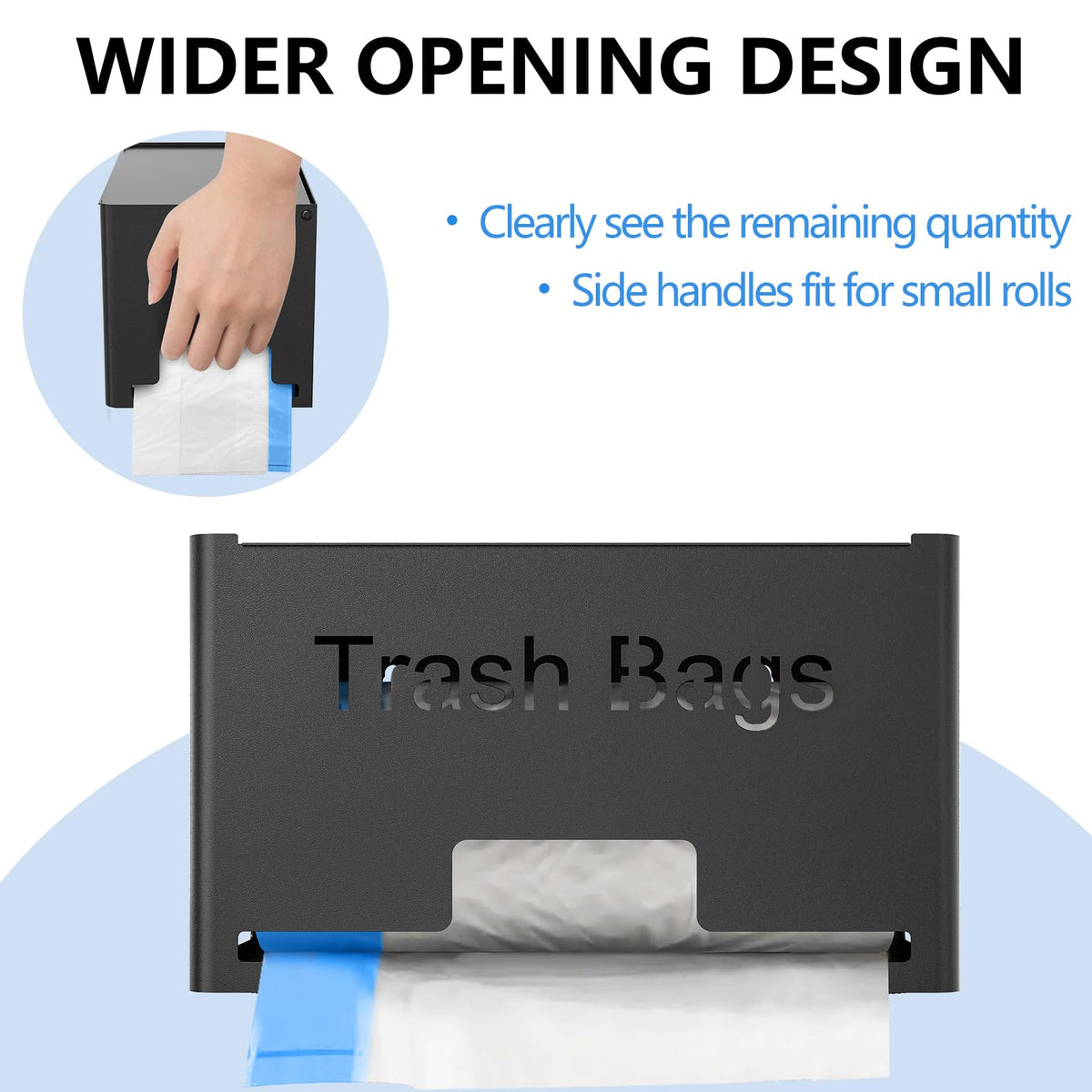 STWWO large trash bag holder lid open demonstrates simple bag replacement.