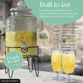 Style Setter glass dispenser with leakproof lid keeps beverages covered and clean.