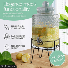 Style Setter glass dispenser with non-drip spigot for clean, effortless pouring.