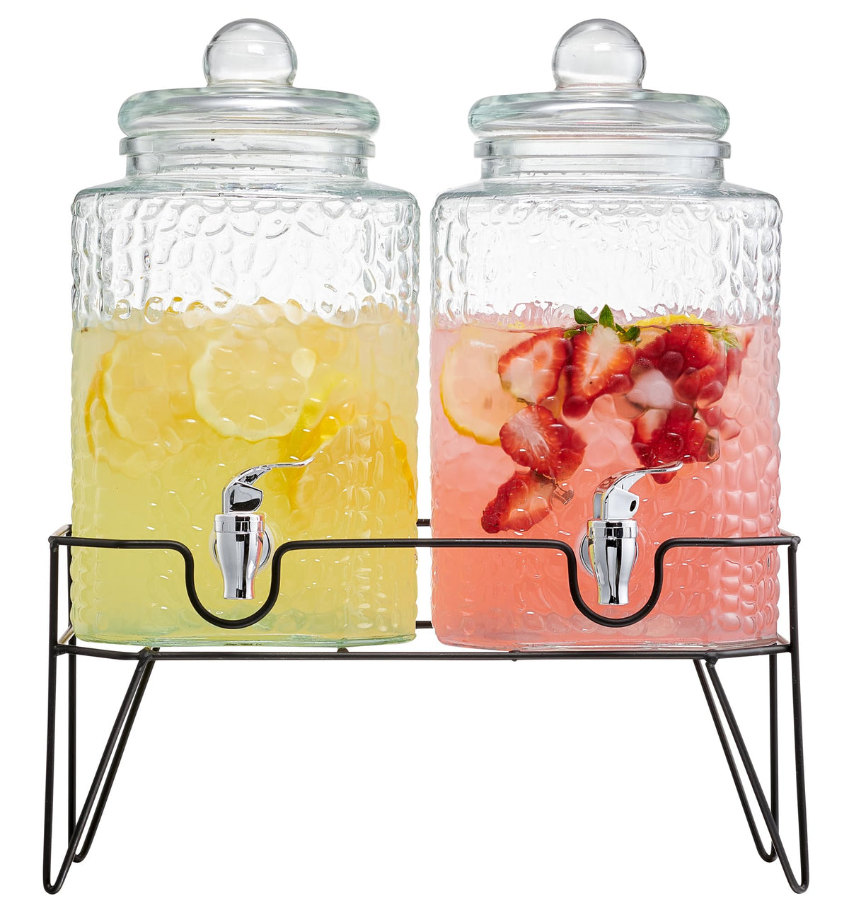 Style Setter premium glass dispensers on a metal stand showcase lemonade with crystal clarity.