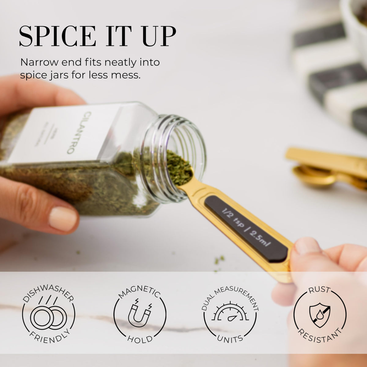 Eight-piece STYLED SETTINGS set arranged for spice jar storage