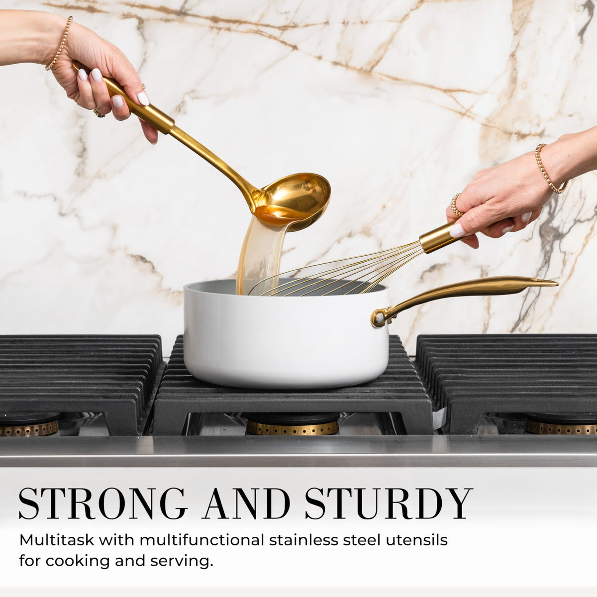 Styled Settings Gold Utensil Holder keeps tools organized on the counter.