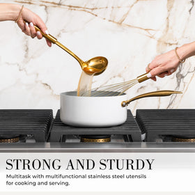 Styled Settings Gold Utensil Holder keeps tools organized on the counter.